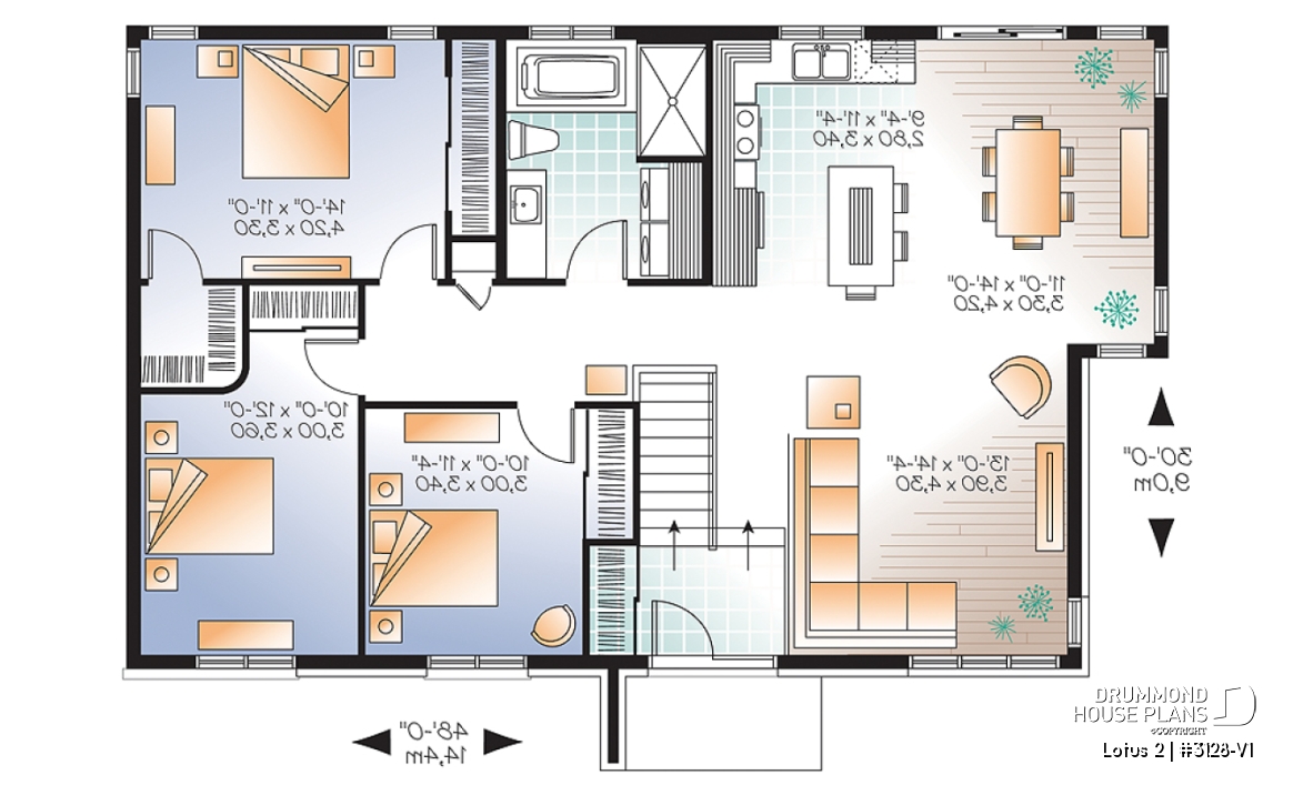 1st level - 3 bedroom modern house plan, open living space, affordable to build, great look - Lotus 2