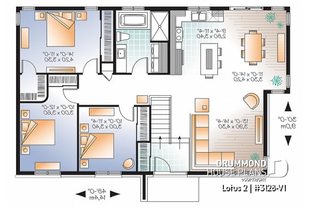 1st level - 3 bedroom modern house plan, open living space, affordable to build, great look - Lotus 2
