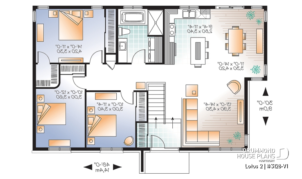 1st level - 3 bedroom modern house plan, open living space, affordable to build, great look - Lotus 2