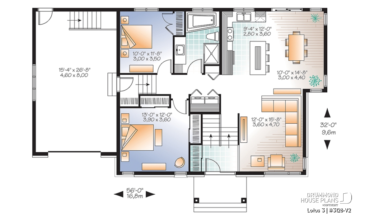 1st level - Affordable Contemporary 2 bedroom split level house model with one-car garage, open concept, kitchen island - Lotus 3