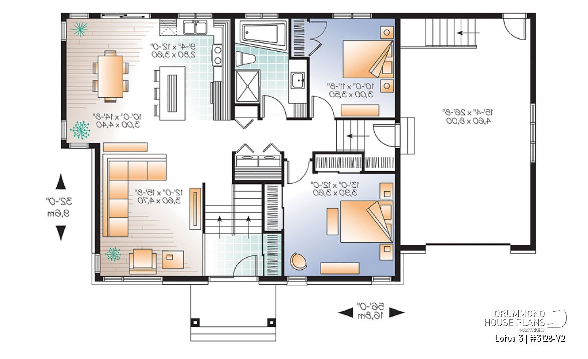 1st level - Affordable Contemporary 2 bedroom split level house model with one-car garage, open concept, kitchen island - Lotus 3