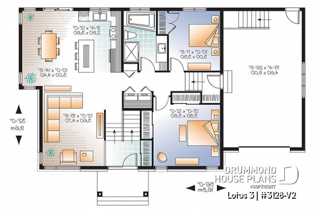 1st level - Affordable Contemporary 2 bedroom split level house model with one-car garage, open concept, kitchen island - Lotus 3