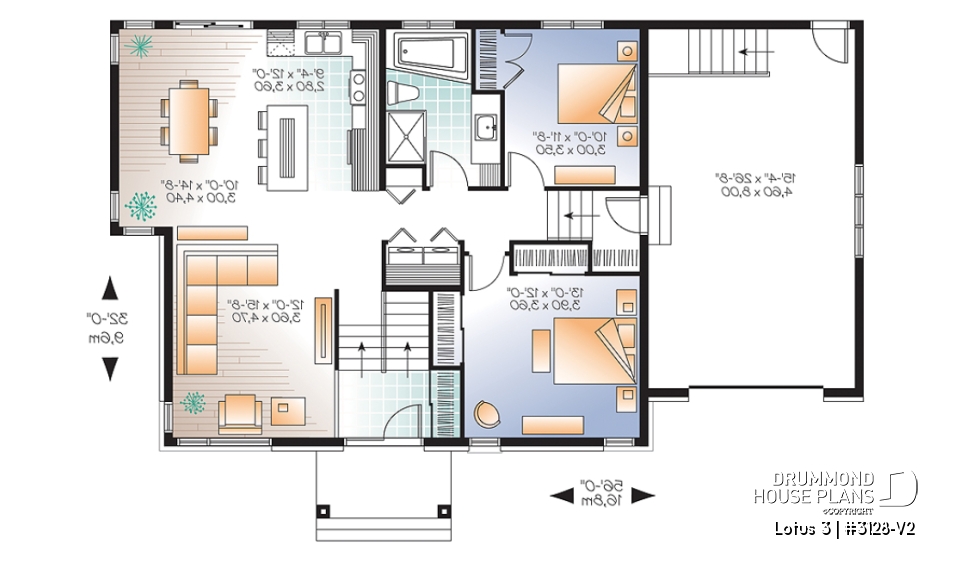 1st level - Affordable Contemporary 2 bedroom split level house model with one-car garage, open concept, kitchen island - Lotus 3