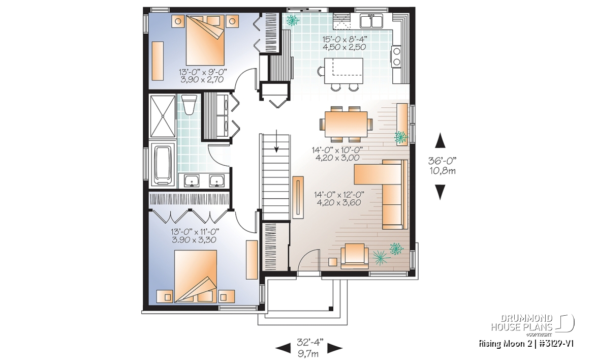 1st level - Small Affordable modern house plan with open floor plan concept, unfinished basement - Rising Moon 2