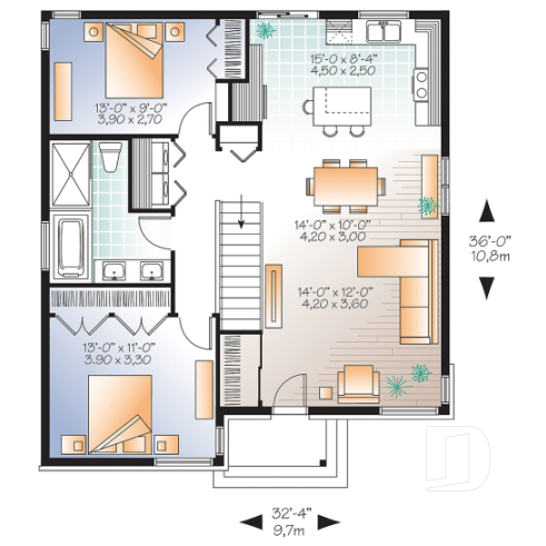 1st level - Small Affordable modern house plan with open floor plan concept, unfinished basement - Rising Moon 2