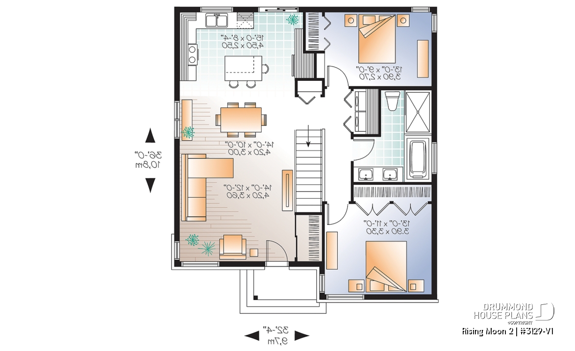 1st level - Small Affordable modern house plan with open floor plan concept, unfinished basement - Rising Moon 2