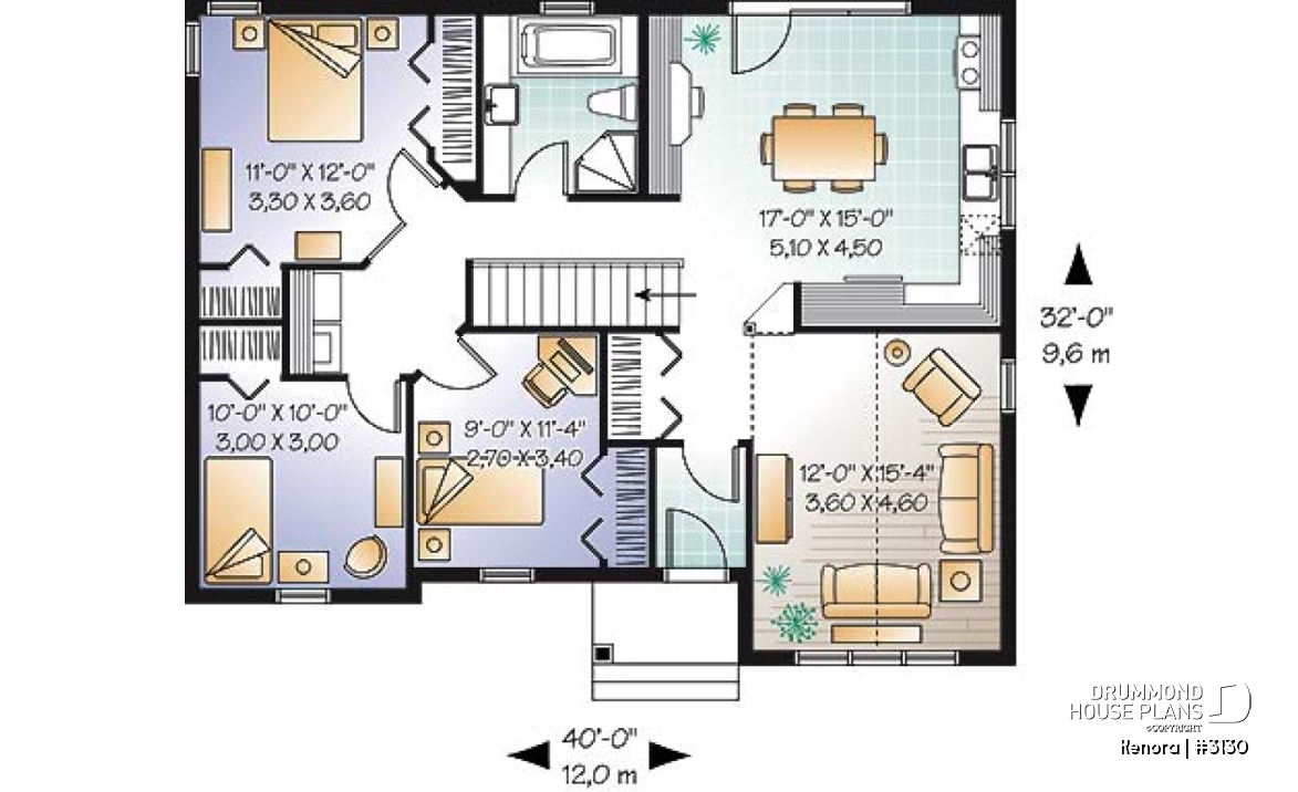 1st level - Ranch Bungalow house plan with 3 bedrooms, cathedral ceiling and large eat-in kitchen - Kenora