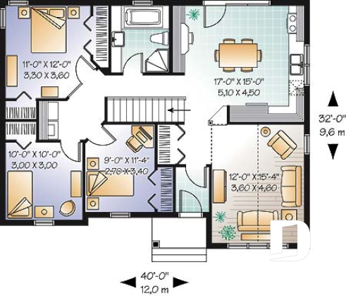 1st level - Ranch Bungalow house plan with 3 bedrooms, cathedral ceiling and large eat-in kitchen - Kenora