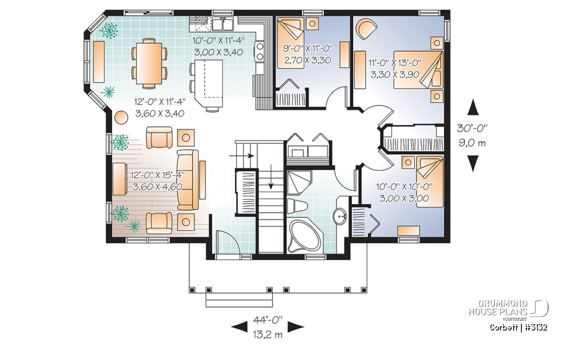 1st level - One-storey small ranche style house plan, 3 beds, solarium style kitchen with an open floor plan - Corbett