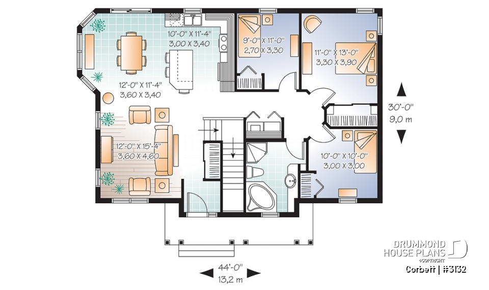1st level - One-storey small ranche style house plan, 3 beds, solarium style kitchen with an open floor plan - Corbett