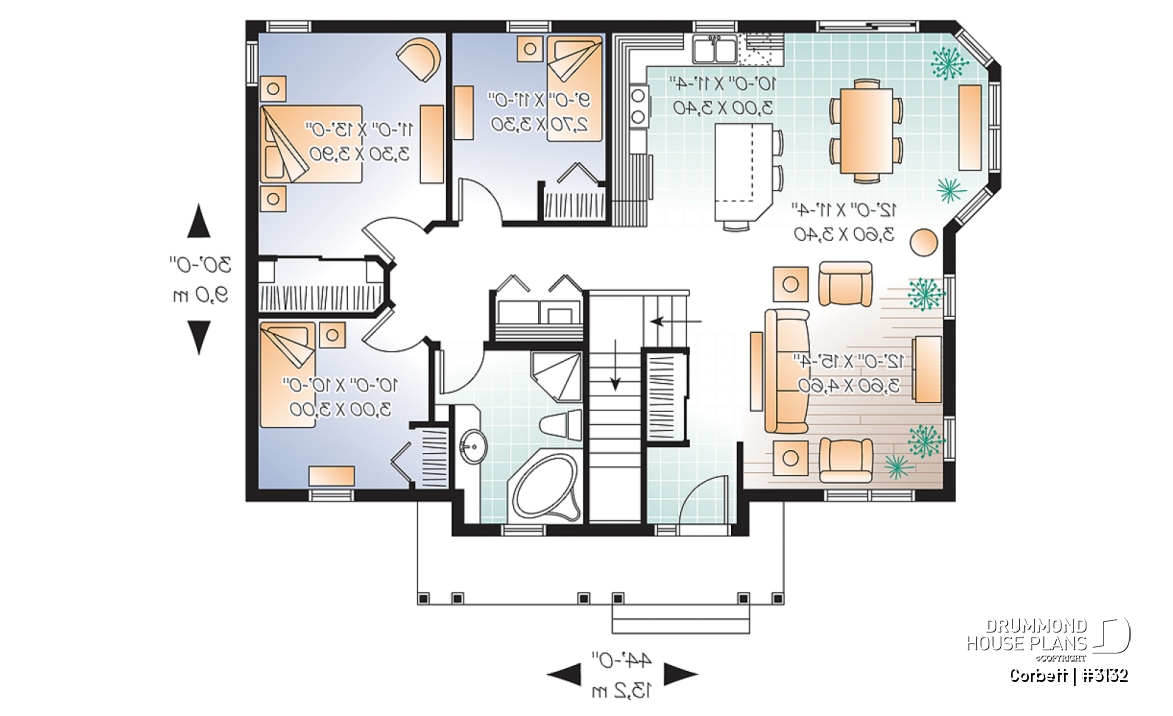 1st level - One-storey small ranche style house plan, 3 beds, solarium style kitchen with an open floor plan - Corbett