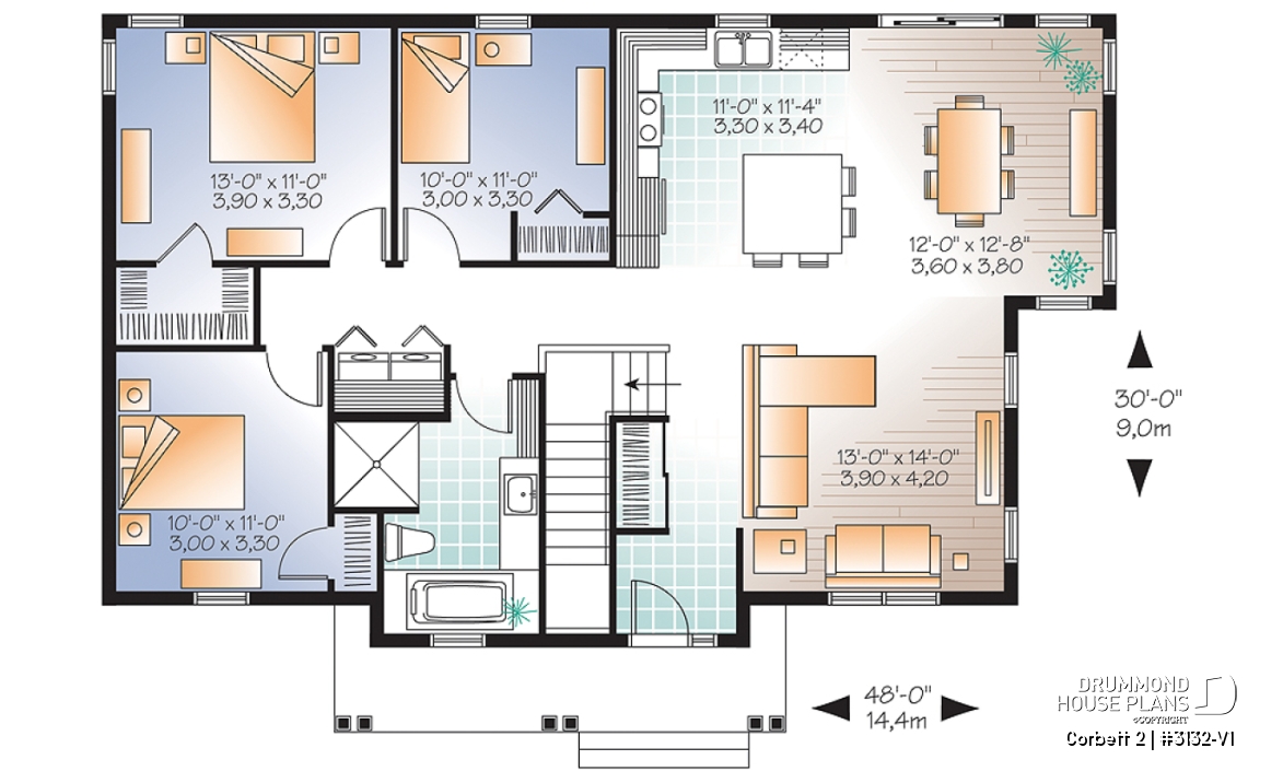 1st level - Country style 3 bedroom bungalow house plan with attractive kitchen and great open floor plan - Corbett 2
