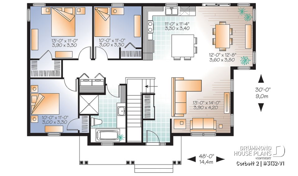 1st level - Country style 3 bedroom bungalow house plan with attractive kitchen and great open floor plan - Corbett 2