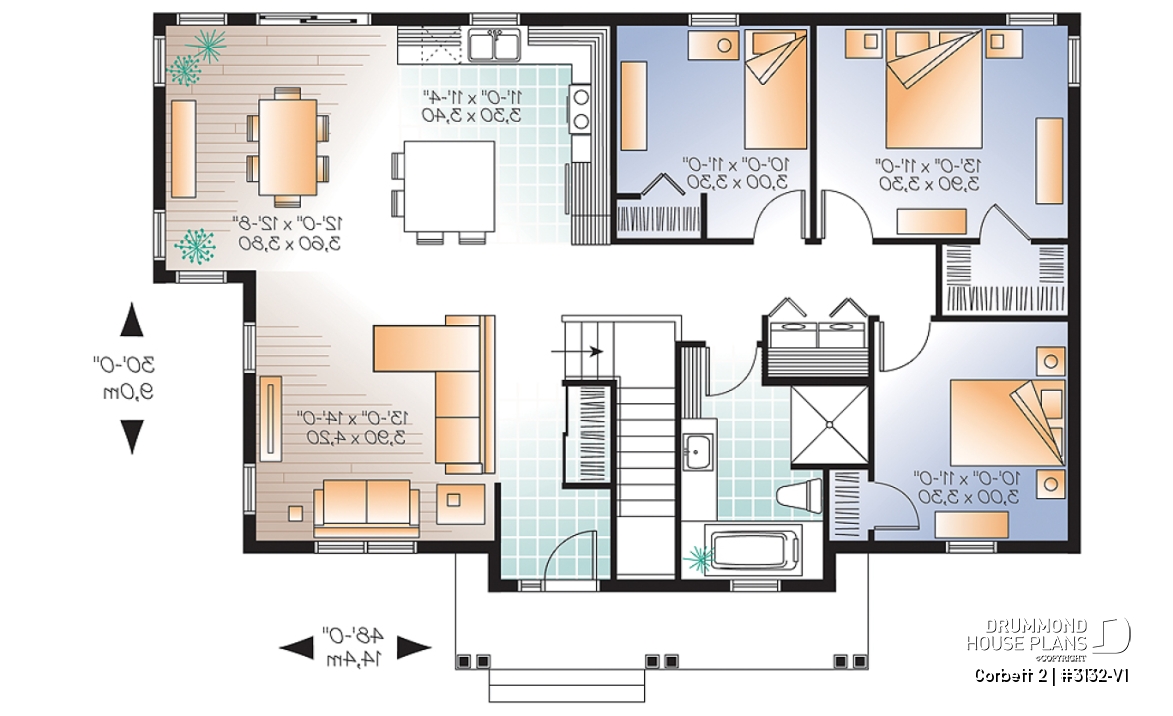 1st level - Country style 3 bedroom bungalow house plan with attractive kitchen and great open floor plan - Corbett 2