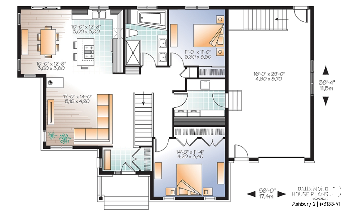 1st level - Country ranch house plan, 2 bedrooms, laundry room, one-car garage, full unfinished basement, fireplace - Ashbury 2