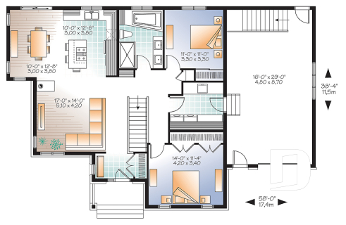 1st level - Country ranch house plan, 2 bedrooms, laundry room, one-car garage, full unfinished basement, fireplace - Ashbury 2