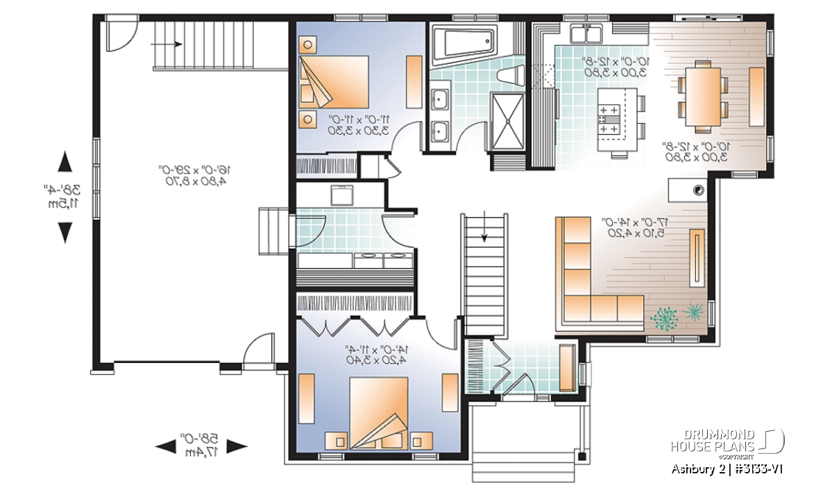 1st level - Country ranch house plan, 2 bedrooms, laundry room, one-car garage, full unfinished basement, fireplace - Ashbury 2
