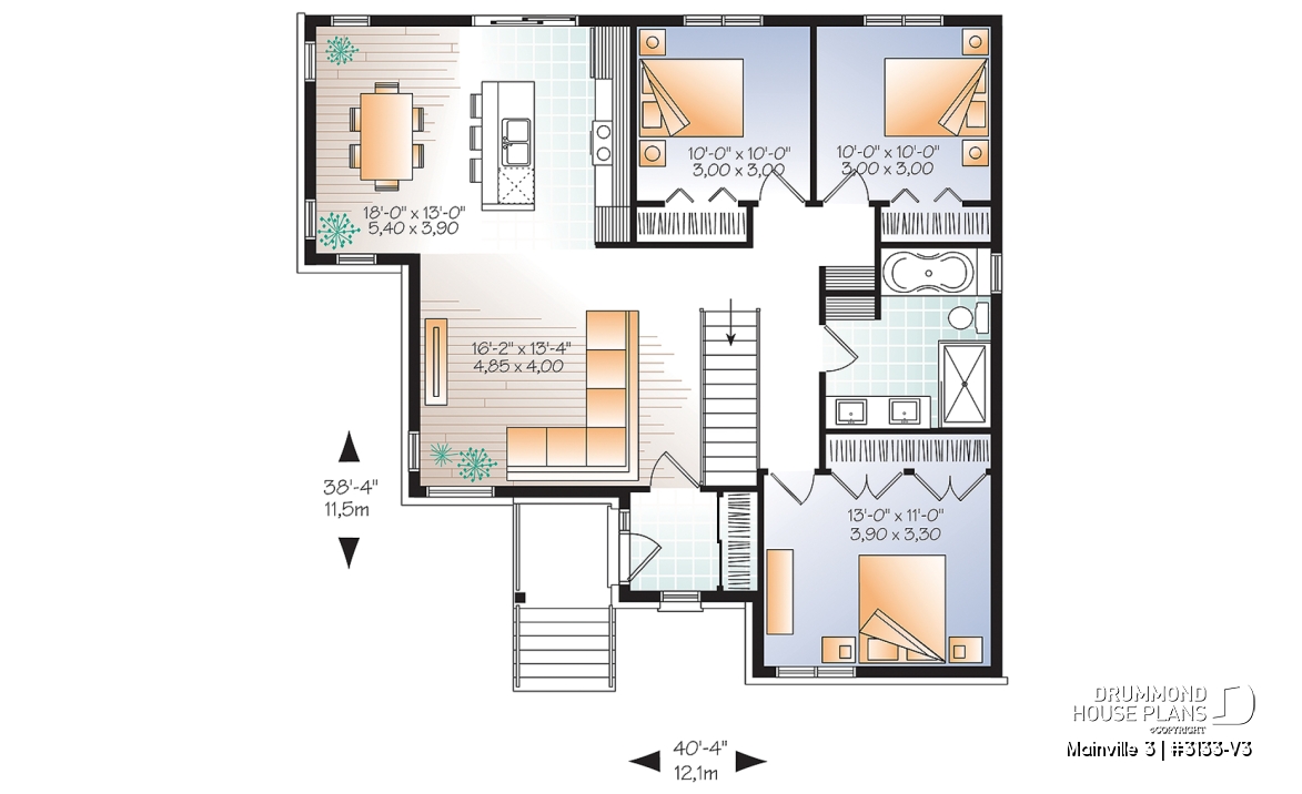 1st level - 3 bedroom Modern home plan with kitchen island and open floor plan concept, unfinished basement - Mainville 3