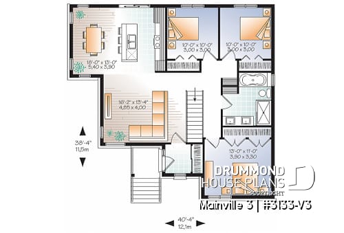 1st level - 3 bedroom Modern home plan with kitchen island and open floor plan concept, unfinished basement - Mainville 3