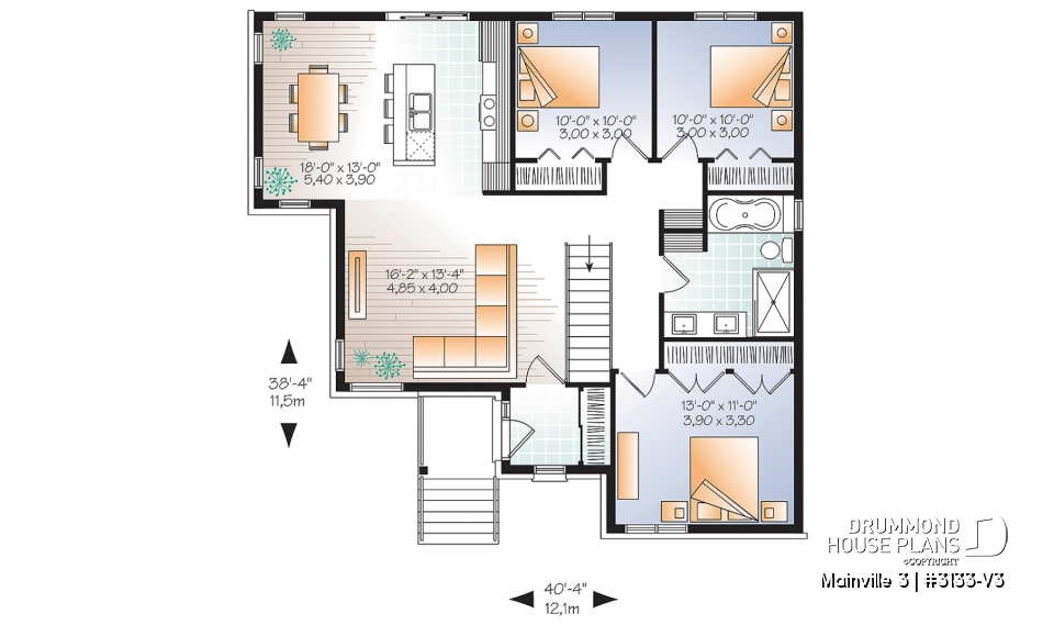 1st level - 3 bedroom Modern home plan with kitchen island and open floor plan concept, unfinished basement - Mainville 3