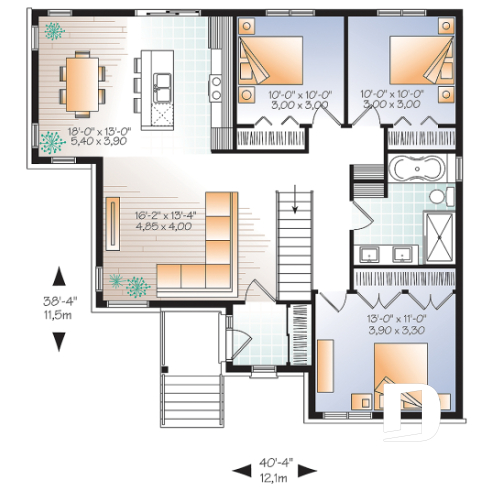 1st level - 3 bedroom Modern home plan with kitchen island and open floor plan concept, unfinished basement - Mainville 3