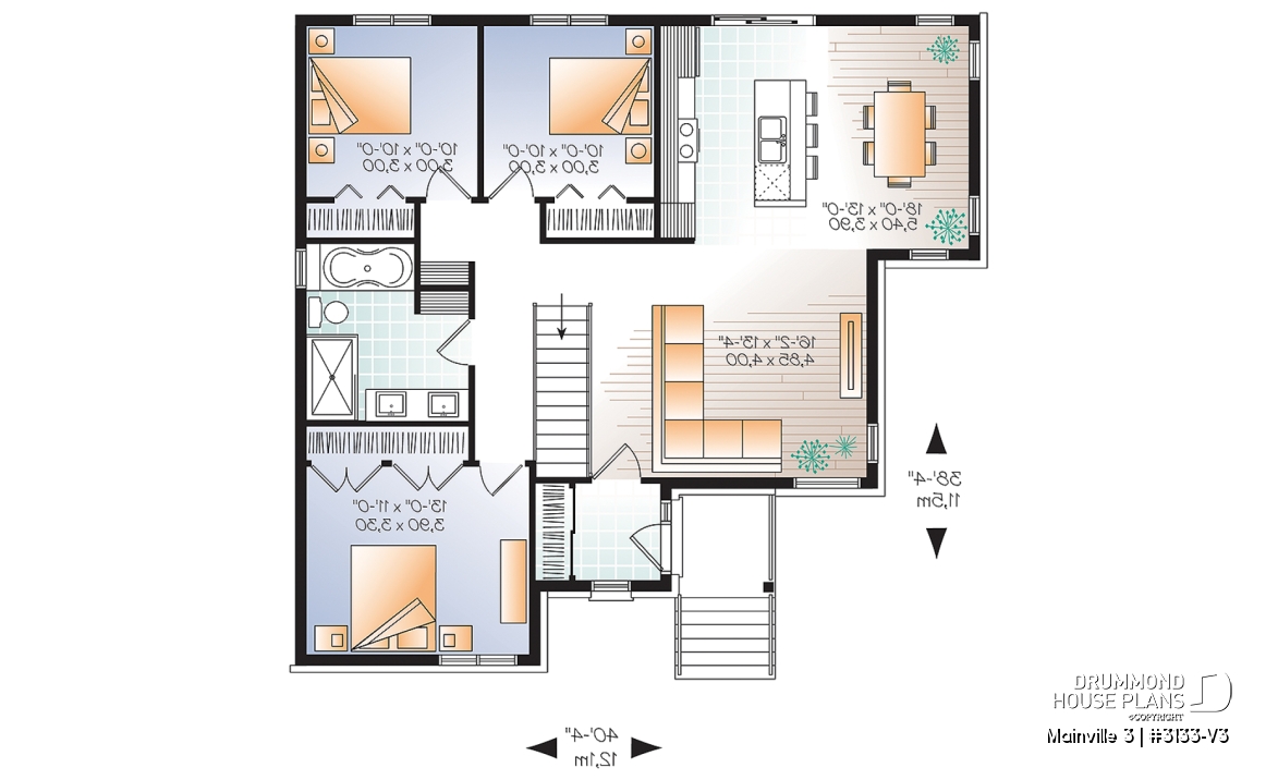 1st level - 3 bedroom Modern home plan with kitchen island and open floor plan concept, unfinished basement - Mainville 3