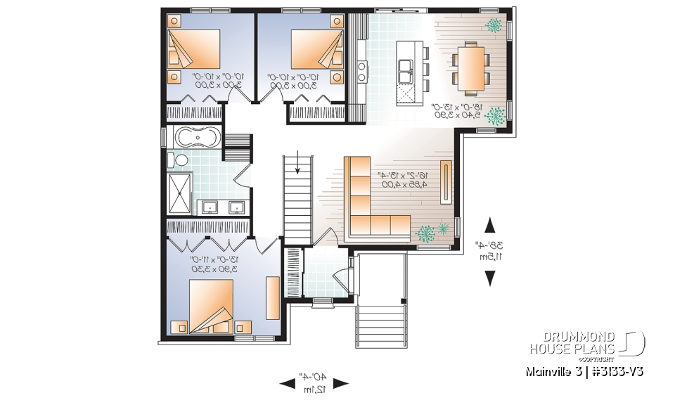 1st level - 3 bedroom Modern home plan with kitchen island and open floor plan concept, unfinished basement - Mainville 3