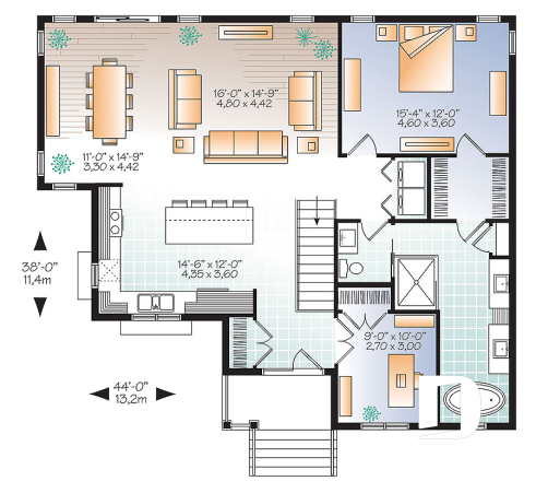 1st level - Affordable 1 to 5 bedroom Bungalow, large master suite, home office, large kitchen island & open floor plan - Mainville 4