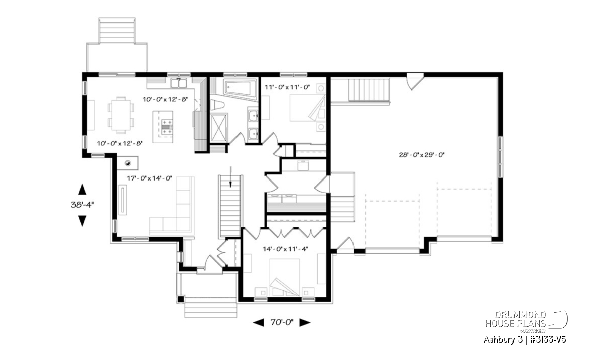 1st level - Country rustic 2-car garage house plan with open floor plan, large kitchen island, fireplace and laundry room - Ashbury 3