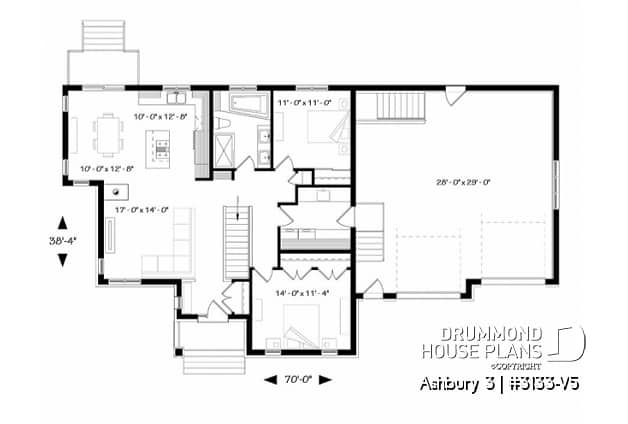 1st level - Country rustic 2-car garage house plan with open floor plan, large kitchen island, fireplace and laundry room - Ashbury 3