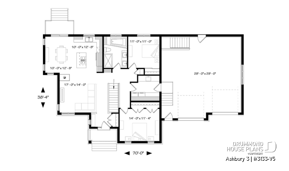 1st level - Country rustic 2-car garage house plan with open floor plan, large kitchen island, fireplace and laundry room - Ashbury 3