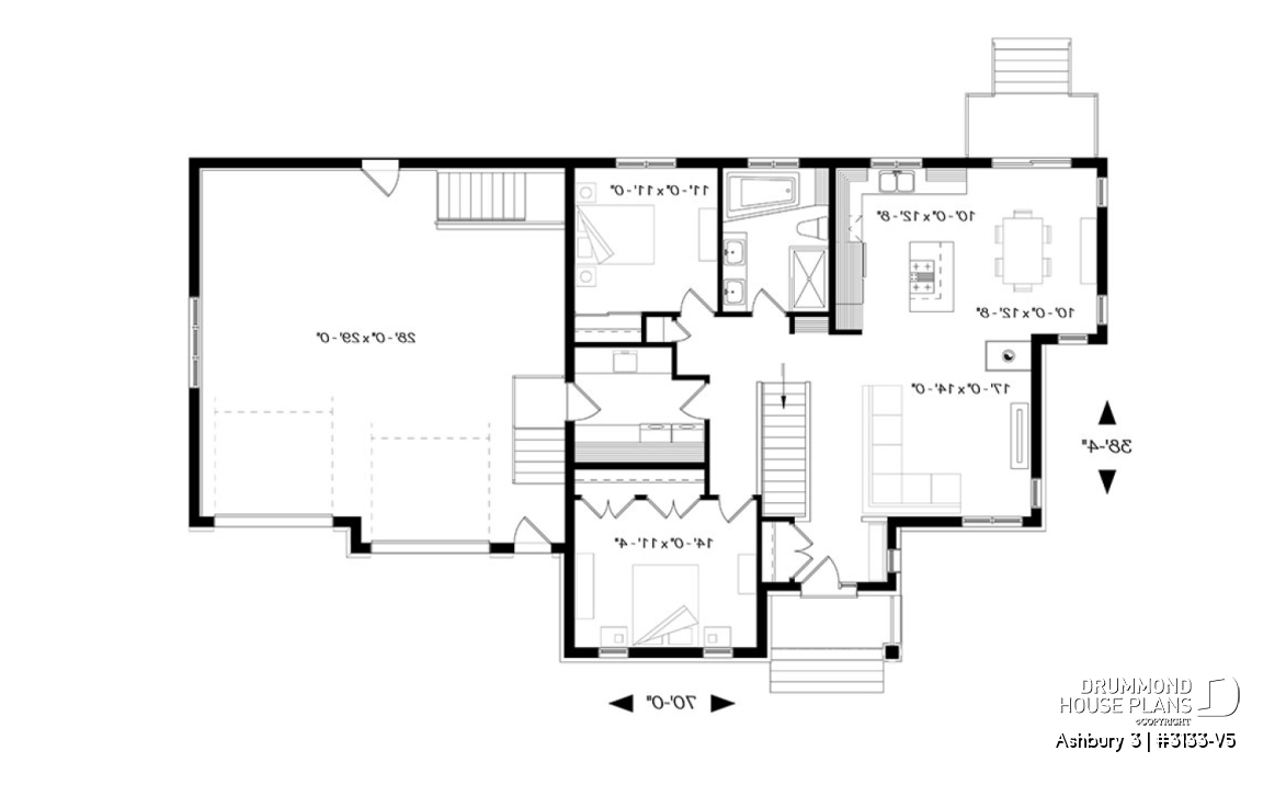 1st level - Country rustic 2-car garage house plan with open floor plan, large kitchen island, fireplace and laundry room - Ashbury 3