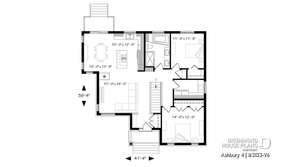 1st level - Craftsman house plan. open floor plan concept, three-sided fireplace, 2 bedrooms, large laundry room - Ashbury 4