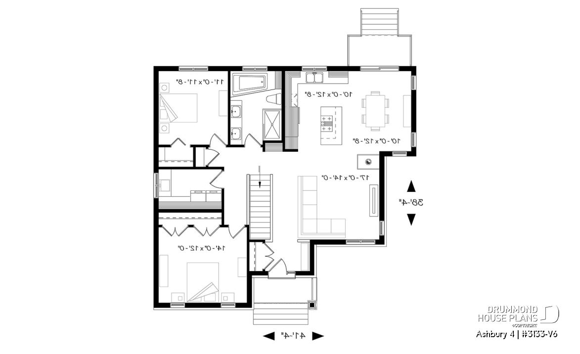 1st level - Craftsman house plan. open floor plan concept, three-sided fireplace, 2 bedrooms, large laundry room - Ashbury 4