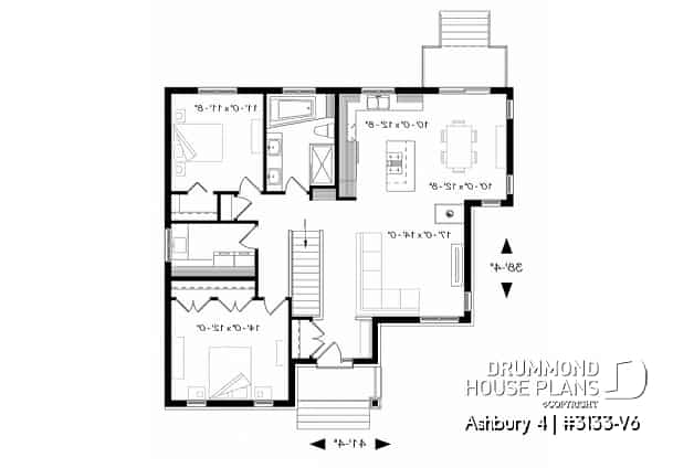 1st level - Craftsman house plan. open floor plan concept, three-sided fireplace, 2 bedrooms, large laundry room - Ashbury 4