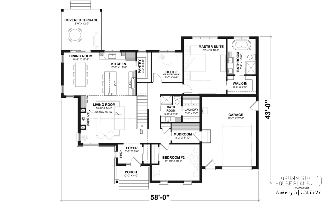 1st level - Modern farmhouse single-story house plan with a garage, two bedrooms, home office &amp; large covered rear terrace - Ashbury 5