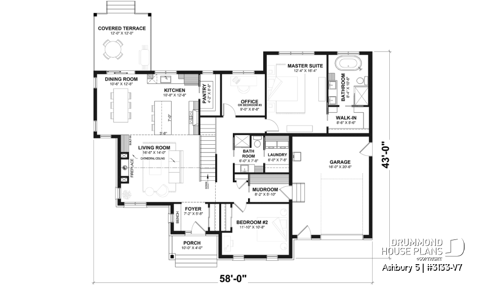 1st level - Modern farmhouse single-story house plan with a garage, two bedrooms, home office &amp; large covered rear terrace - Ashbury 5