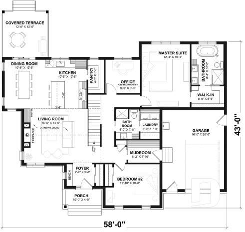 1st level - Modern farmhouse single-story house plan with a garage, two bedrooms, home office & large covered rear terrace - Ashbury 5