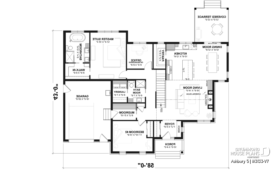 1st level - Modern farmhouse single-story house plan with a garage, two bedrooms, home office &amp; large covered rear terrace - Ashbury 5