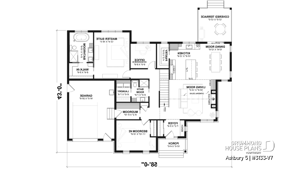 1st level - Modern farmhouse single-story house plan with a garage, two bedrooms, home office &amp; large covered rear terrace - Ashbury 5