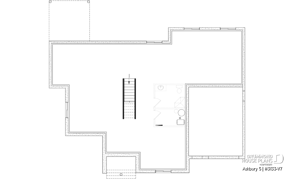 Unfinished basement - Modern farmhouse single-story house plan with a garage, two bedrooms, home office &amp; large covered rear terrace - Ashbury 5