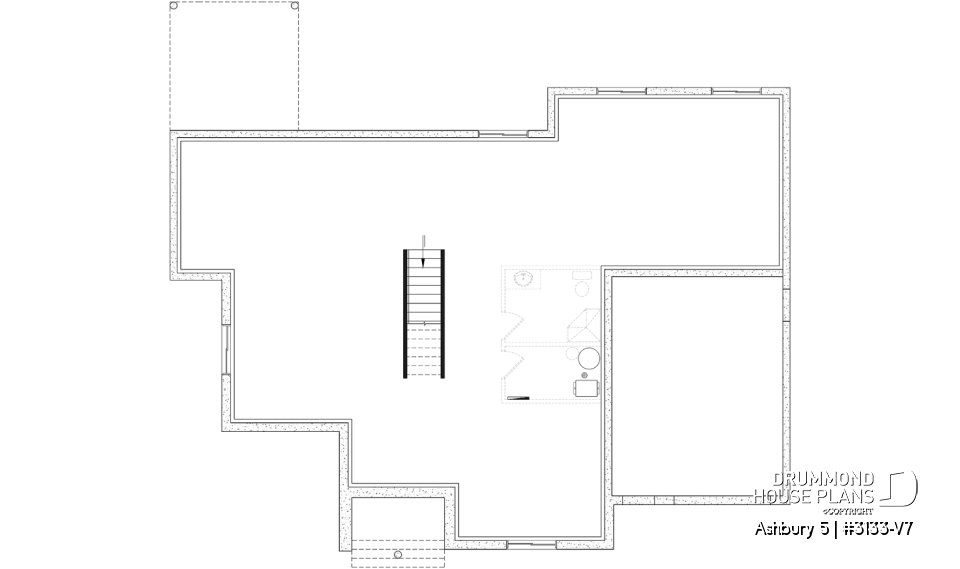 Unfinished basement - Modern farmhouse single-story house plan with a garage, two bedrooms, home office &amp; large covered rear terrace - Ashbury 5
