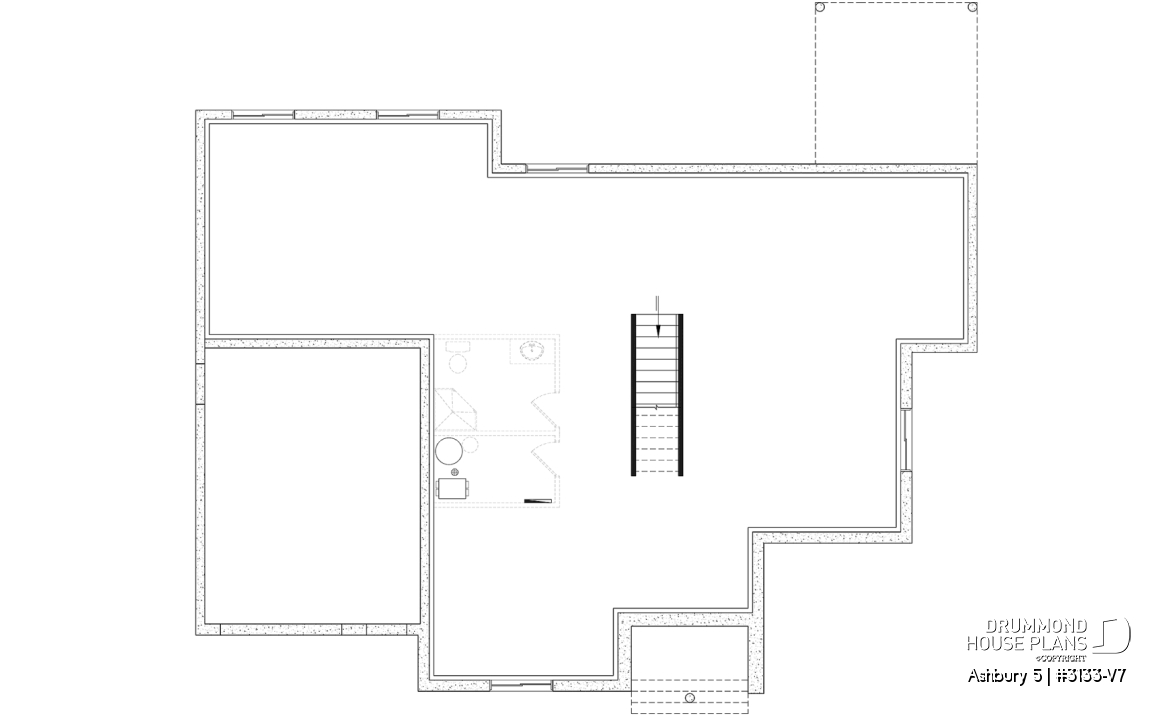 Unfinished basement - Modern farmhouse single-story house plan with a garage, two bedrooms, home office &amp; large covered rear terrace - Ashbury 5
