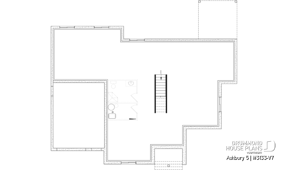 Unfinished basement - Modern farmhouse single-story house plan with a garage, two bedrooms, home office &amp; large covered rear terrace - Ashbury 5