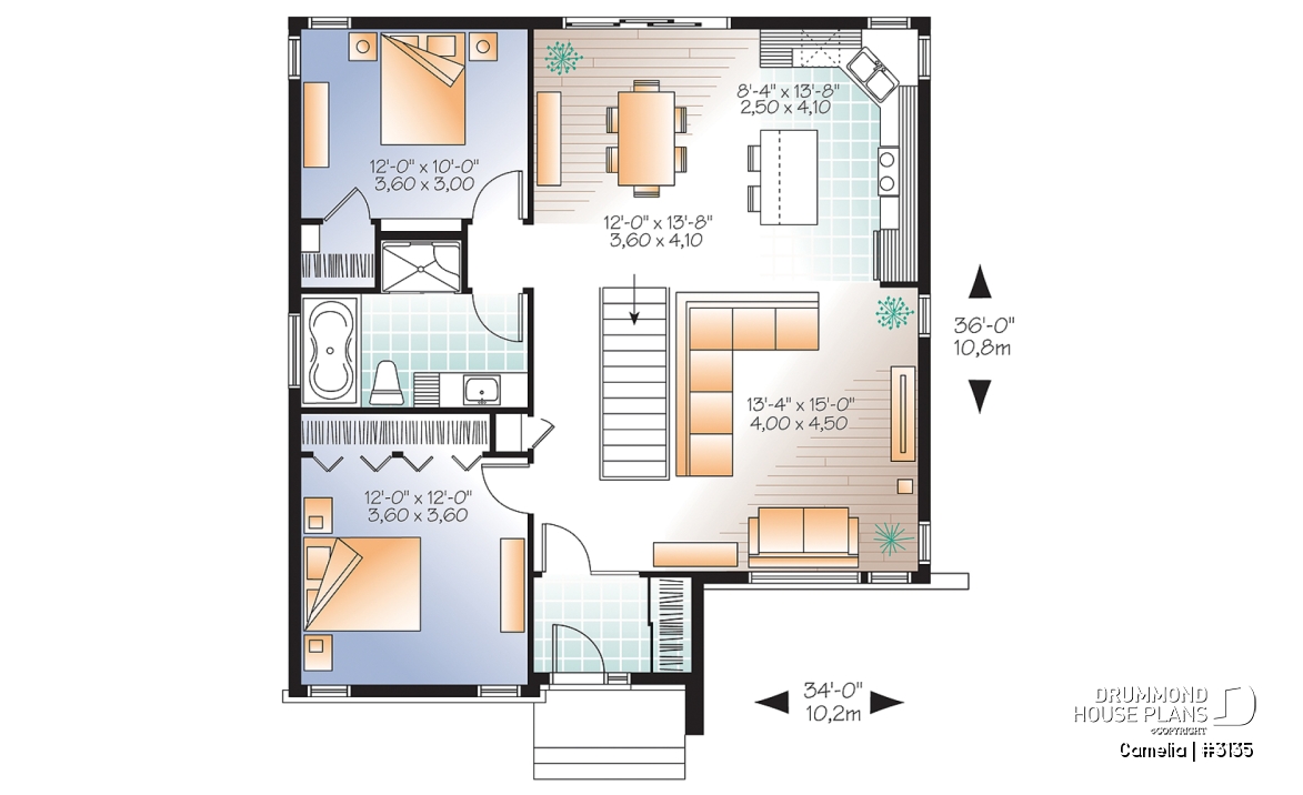 1st level - Abundantly fenestrated, two bedroom modern house plan with open floor plan concept and lots of natural lights - Camelia