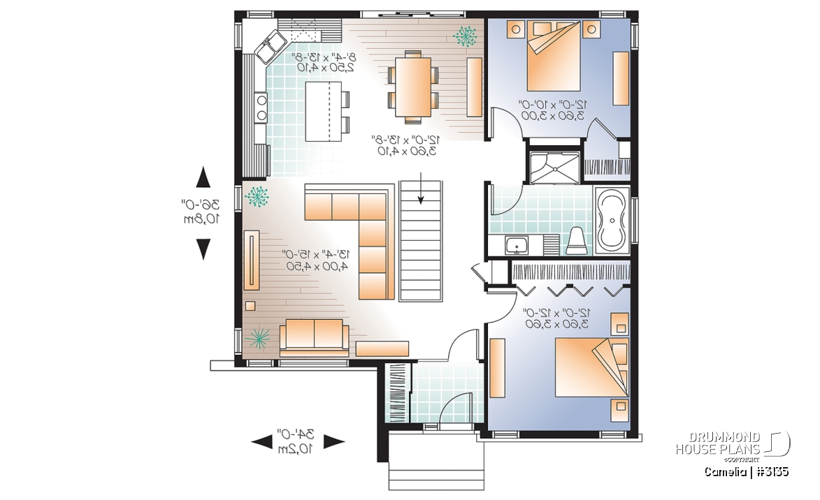 1st level - Abundantly fenestrated, two bedroom modern house plan with open floor plan concept and lots of natural lights - Camelia