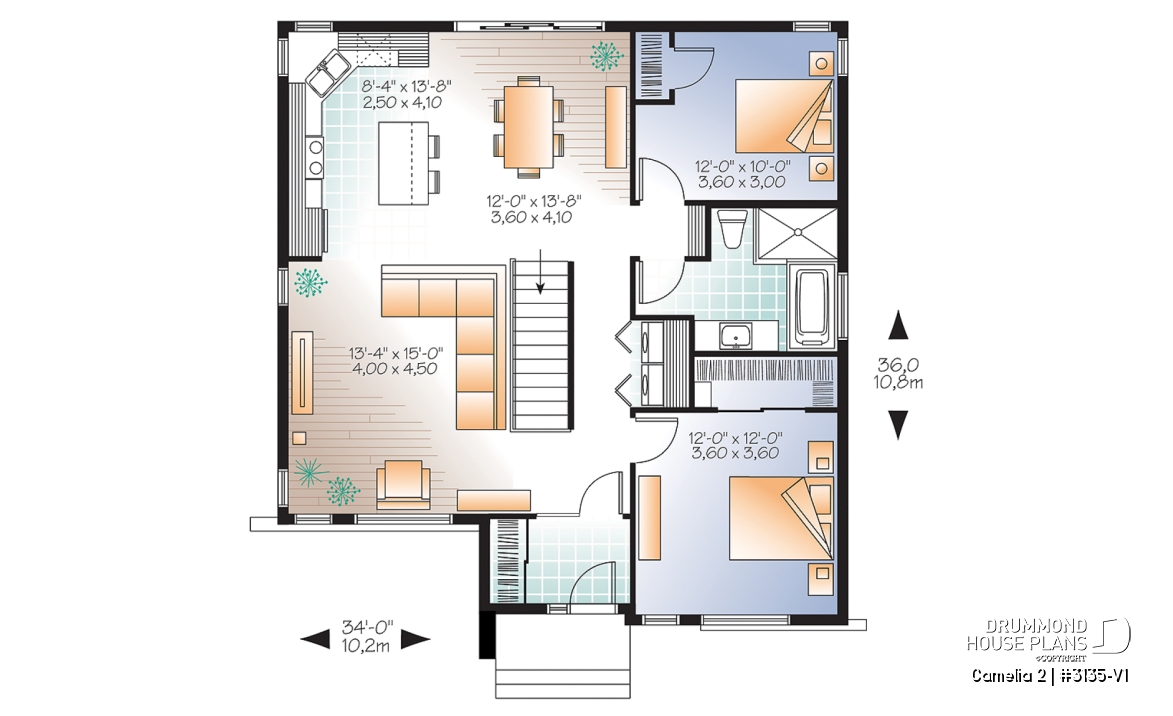 1st level - Affordable, two bedroom small modern home plan with curb appeal, unfinished basement - Camelia 2