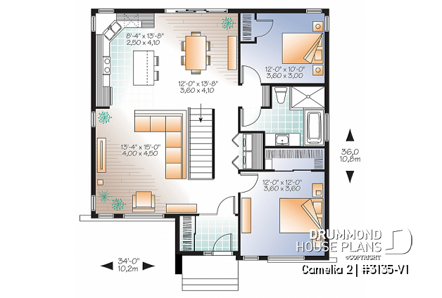 1st level - Affordable, two bedroom small modern home plan with curb appeal, unfinished basement - Camelia 2