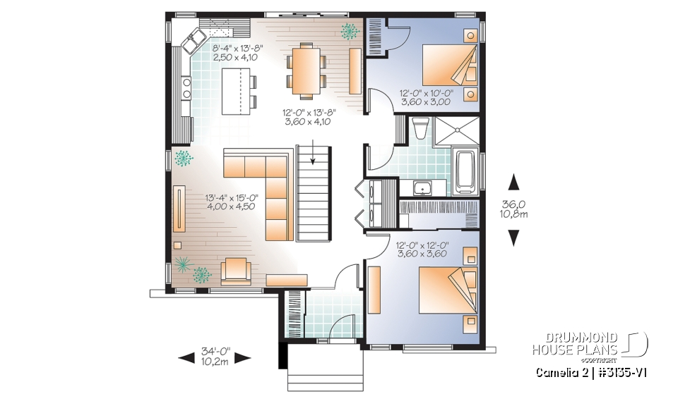 1st level - Affordable, two bedroom small modern home plan with curb appeal, unfinished basement - Camelia 2