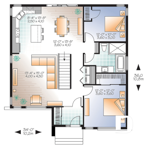 1st level - Affordable, two bedroom small modern home plan with curb appeal, unfinished basement - Camelia 2
